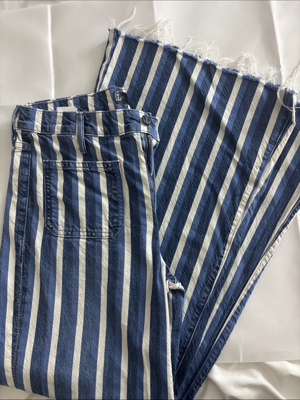 MOTHER Blue and White Wide Leg Striped Pants